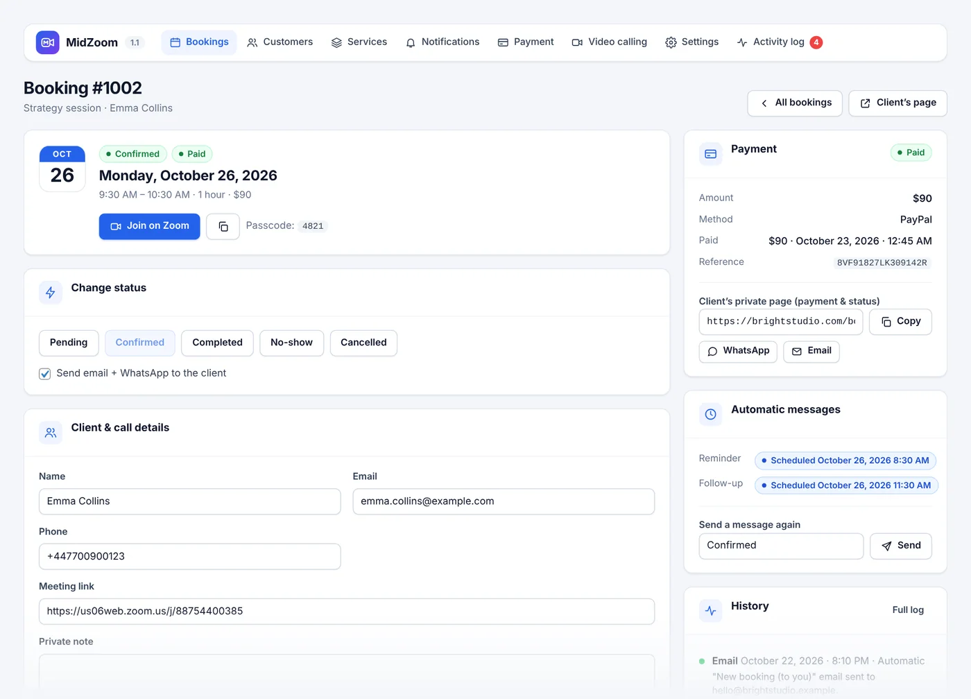 Booking details in MidZoom
