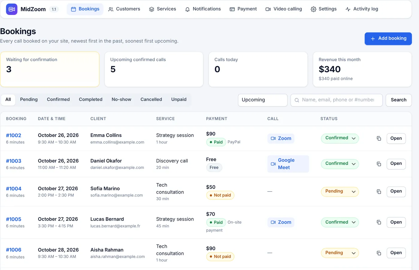 MidZoom bookings dashboard